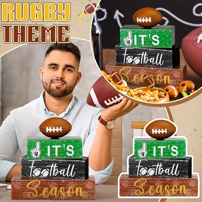 Geelin 4 Pcs Football Table Decorations Fall Football Tiered Tray Decor Wooden Sign Centerpiece Decorative Faux Book Stack Block for Coffee Table Fireplace Mantel Floating Shelf