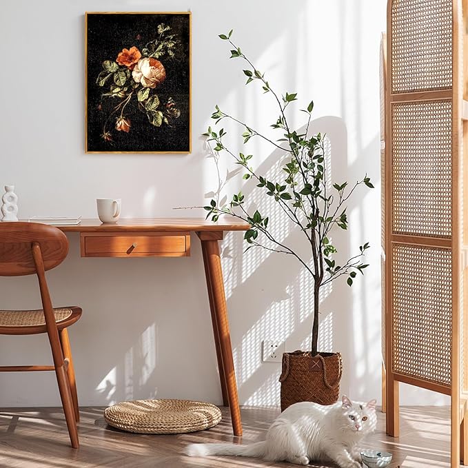 crmotu Vintage Framed Wall Art, Botanical Floral Canvas Art Prints, Still Life Rose Rustic Farmhouse Decor, Antique Flower Black Wall Pictures for Living Room Bedroom Bathroom Office Artwork 12x16in