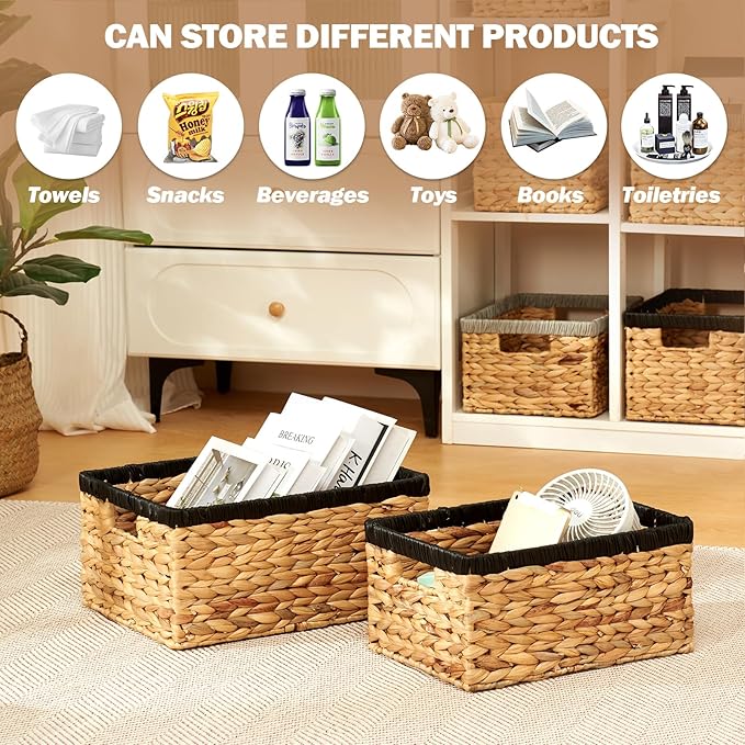 Wicker Baskets for Storage 2 Pack, Water Hyacinth Storage Baskets with Built-in Handles, Large Wicker Storage Baskets for Shelves & Organizing, Natural with Black, Size L & M