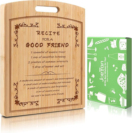 Joeyan Engraved Recipe Cutting Board for Friendship in Gift Box with Double Sides Grooves for Bestie Good Friends Women Men Male Female, Large Practical Sturdy Kitchen Chopping Present for Birthday