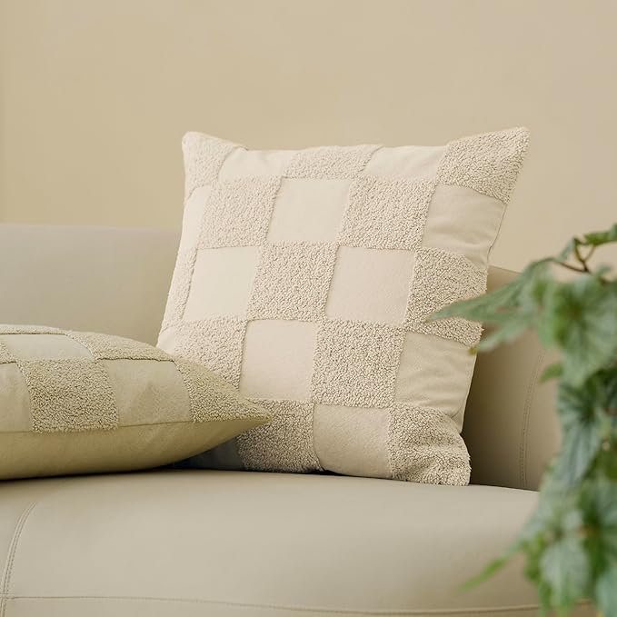 Double Stitch 100% Cotton Throw Pillow Covers - Checkered Tufted Boho Decorative Pillow Covers 20x20, Made in India, Square Cushion Case, Modern Home Decor for Couch, Sofa, Living Room, Beige