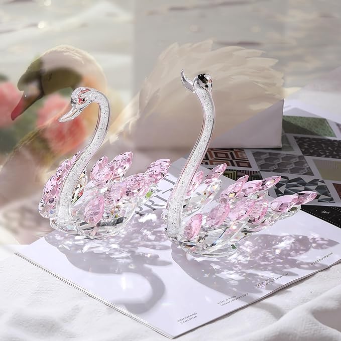 Set of 2 Crystal Pink Swans Anniversary Wedding Gifts for Women, Mom, Couple, Swan Figurines Collectibles Birthday Presents Keepsake for Parents Home Decor (6.5in Gift Boxed)