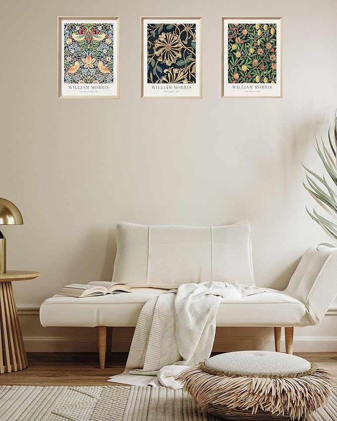 UPWOIGH 12x16 in Framed Wall Art, William Morris Gold Strawberry Thief Canvas, Vintage Botanical Birds Cotton Prints Poster, Wood Wall Decor for Living Room Bedroom, Gift