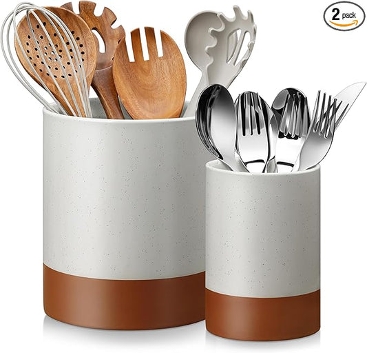MALACASA Utensil Holder, 7.3"+5.5" Ceramic Kitchen Utensil Holder for Countertop, Large Cooking Utensil Crocks for Kitchen Counter, Farmhouse Utensils Organizer, Set of 2, Khaki Gray, Series TARA
