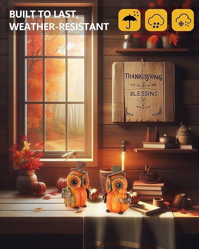 2-Pack Resin Owl Figurine 4.7'' - Thanksgiving Table Decor Harvest Pumpkins Corns Decorations Indoor Autumn Centerpieces Favors Gifts for Women All Ages