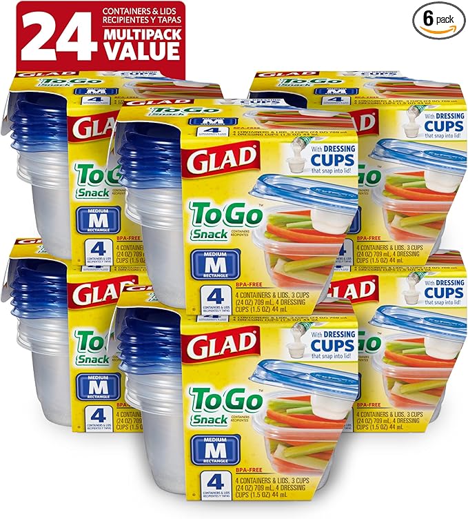 Glad GladWare To Go Snack Food Storage Containers - Medium Round - Meal Container Holds up to 24 Ounces of Food - Lock Tight Seal, 4 Count - 6 Pack