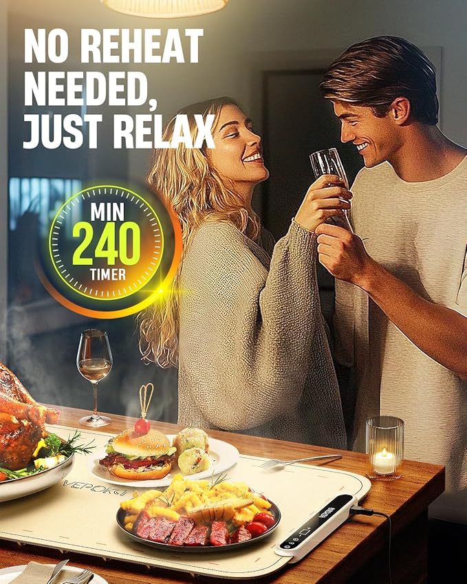 Warming Mat for Food, VEPOKA Food Warmer Mat for Countertop, Electric Warming Tray with 7 Temp Levels & Auto Shut-Off, Food Warmers for Parties, Ideal Gift for Kitchen & Buffet Use