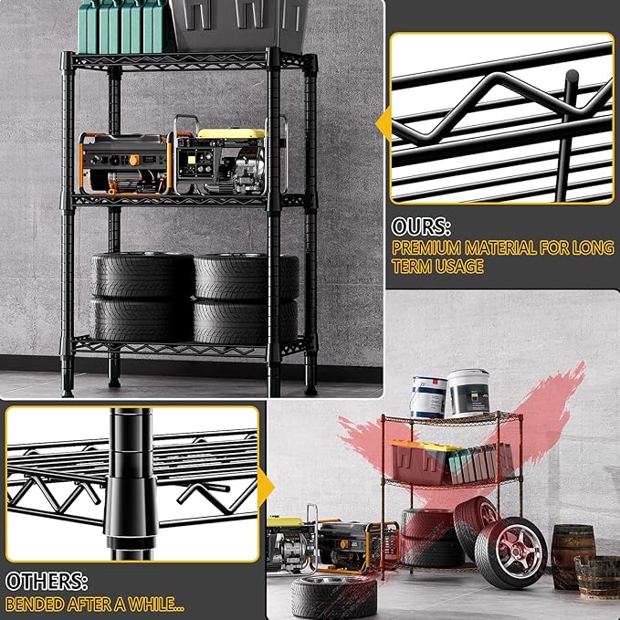 750 lbs 3 Tier Shelf Metal Storage Shelves Shelving Wire Rack Heavy Duty Closet Organizers for Garage Kitchen Bathroom Laundry Black 13.8" D x 23.6" W x 35.5" H