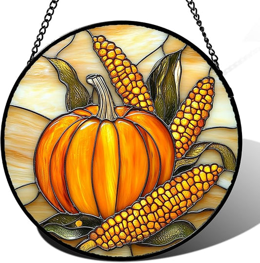 Stained Glass Window Hanging Autumn Harvest Pumpkin Corn Large 11.8" - Suncatcher Door Garden Kitchen Sunroom Sun Catcher Fall Home Decor Birthday for Mom Grandma Men Woman