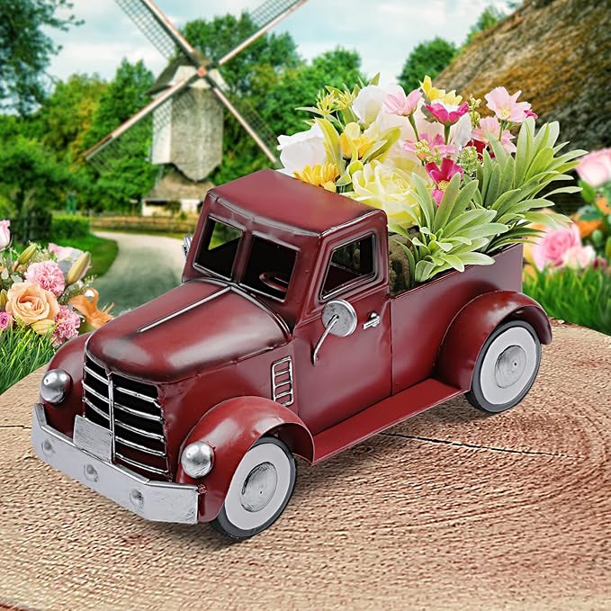 Red Truck Farmhouse Table Decor, Farm Metal Car Trucks Basket for Indoor and Outdoor, Vintage Pick-up Desktop Storage, Decorative Home Christmas Decorations