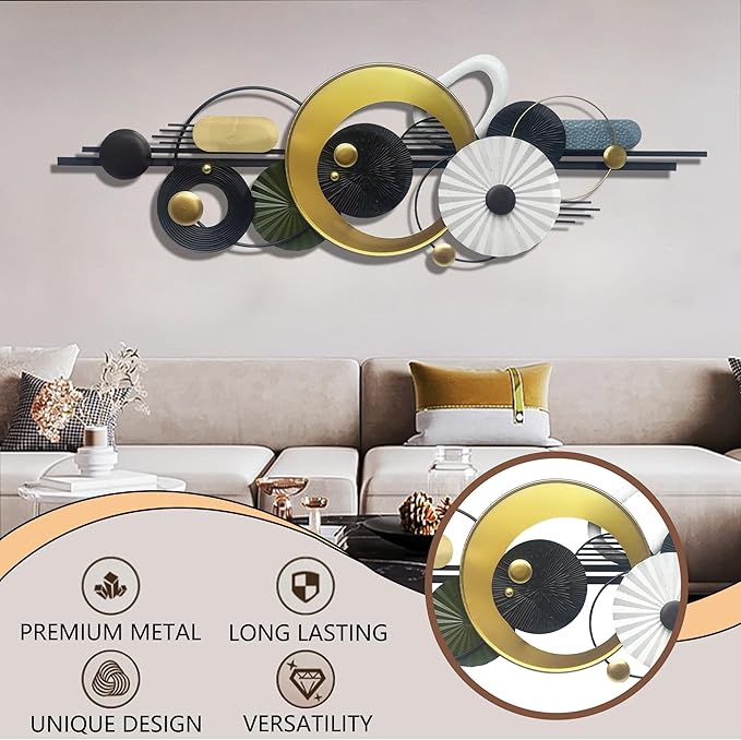 Modern Abstract Metal Wall Art,Large 59×20 Inches Wall Decor, Geometric Circles Design Wall Sculptures, Gold Black White, Wall Decoration for Living Room Bathroom Bedroom Dining Room
