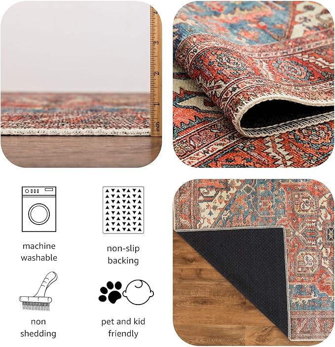 Keen Home Design 2x12 Rug - Machine Washable Runner with Non-Slip Backing, Ideal for Hallway, Entryway, Kitchen, Laundry Room - Vintage, Easy Clean, Durable, Low Pile Rug - (2'6" x 12')
