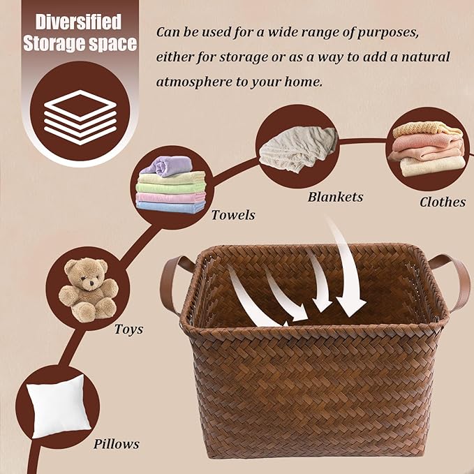 BROWNLILY Handwoven Clothes Basket Laundry Hampers Large Wicker Storage Baskets for Shelves Blankets Closet Storage Bins Car Bedroom Bathroom Organizers and Storage Bath (6, Brown)