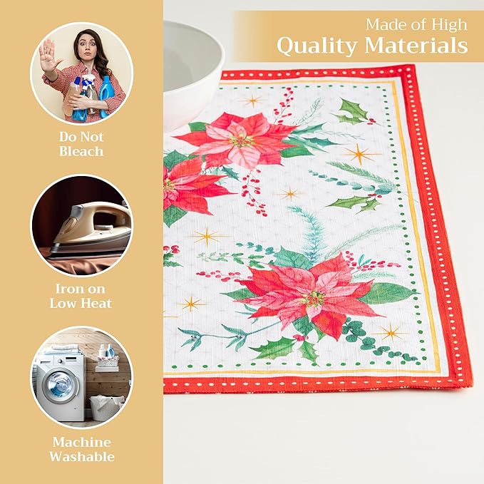 Maison d' Hermine Placemats Set of 4 100% Cotton Washable Cloth Place Mats, Reusable Table Mats for Kitchen Dining Decoration, Party, Wedding, Restaurant (Poinsettia Christmas, 13" x 19")