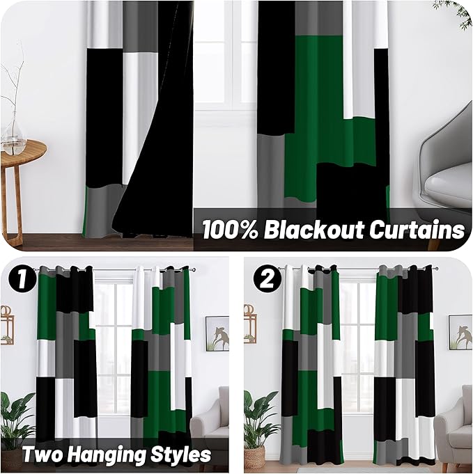 Green 100% Blackout Curtains for Bedroom 72 inch Length 2 Panels Set White Grey Modern Abstract Geometric Black Out Curtains Insulated Room Darkening Window Drapes for Living Room, 52Wx72L
