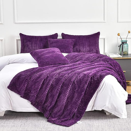 YUSOKI Luxury Faux Fur Blanket for Queen Size Bed 2 Layers,7.3lb,All Ages,Home Decoration Without Pillows (Purple,90"x90")