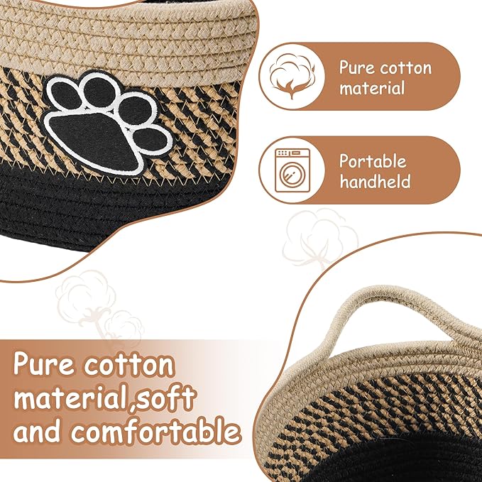 Small Woven Baskets for Organizing Rope Storage Basket with Handle Cute Cotton Nursery Gift Dog Toy Bins Organizer-Light Beige