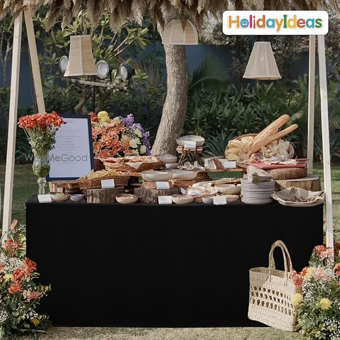 HolidayIdeas Fitted Black Tablecloths for 6 Foot Rectangle Table, Wrinkle Resistant Washable Table Cover 72x30 Inch for Vendor Booth Display, Banquet, Trade Show, 4 Pcs