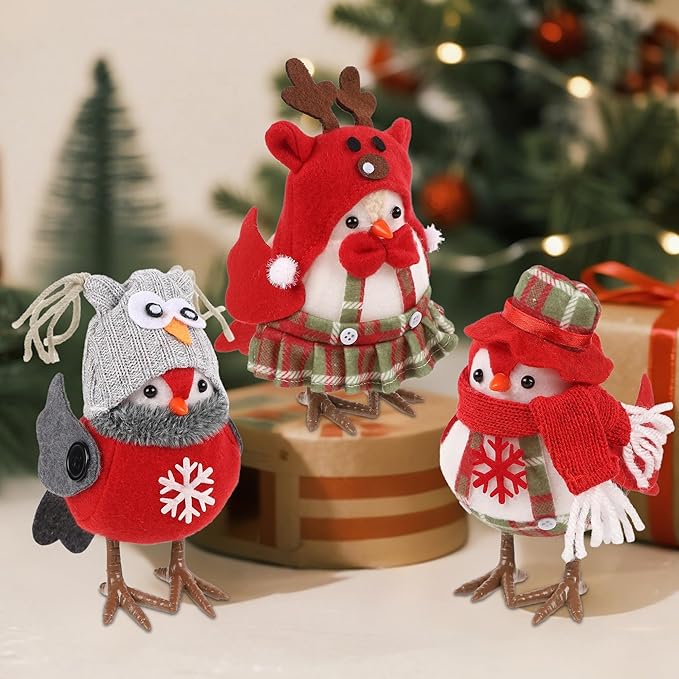 3 Pack Christmas Table Decorations - Small Bird Figurines, Red Cute Xmas Ornaments for Table Top, Desktop, Mantel, Kitchen Decor, Holiday, Winter Party Gifts