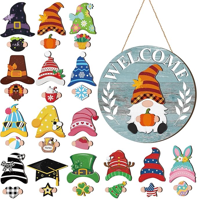 Qunclay Interchangeable Wooden Gnome Decor Holiday Seasonal Gnome Decorations with Magnet Pieces and Detachable Hats Changeable Welcome Sign for Home(Blue Style)