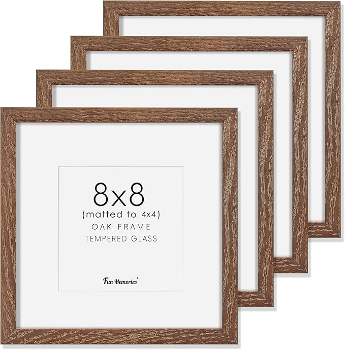Fun Memories 10x10 Picture Frames, Square Frame 10 by 10 with Mat for 8 by 8, Rustic Oak Wood Frame 10"x10", 10 x 10 Wood Frame Set of 4, Minimalist 10x10 Photo Frames, Walnut Color