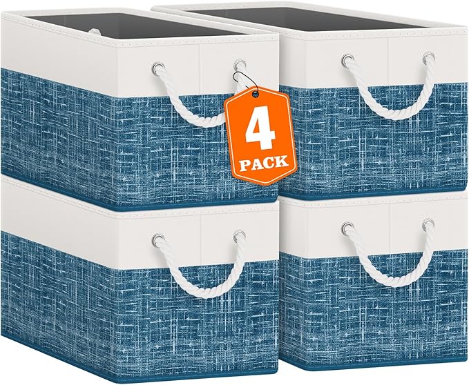 Fab totes Storage Bins [4-Pack], Foldable Storage Baskets for Organizing Toys, Books, Shelves, Closet, Large Storage Box with Rope Handles, Sturdy Organizer Bins, White & Blue
