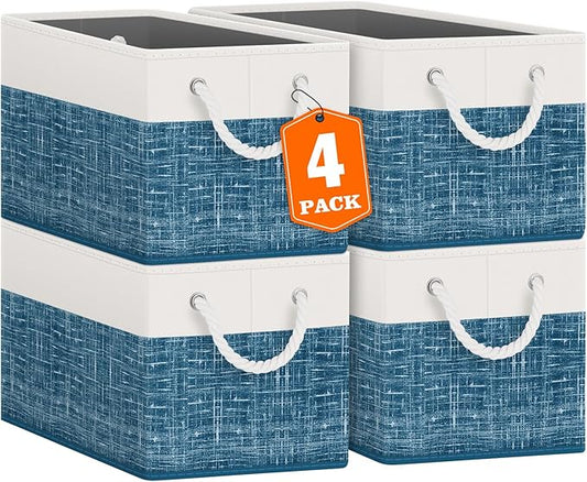 Fab totes Storage Bins [4-Pack], Foldable Storage Baskets for Organizing Toys, Books, Shelves, Closet, Large Storage Box with Rope Handles, Sturdy Organizer Bins, White & Blue