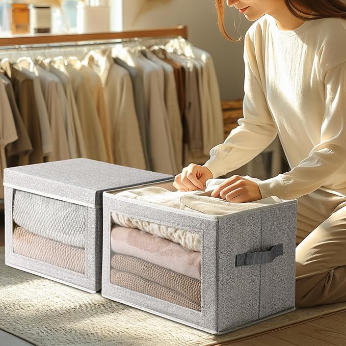 Storage Boxes with Lids - 4 Pack Fabric Clear Window Storage Bins, Large Decorative Storage Bins with Handles, Linen Closet Organizer for Clothes, Towel, Blanket, Light Grey