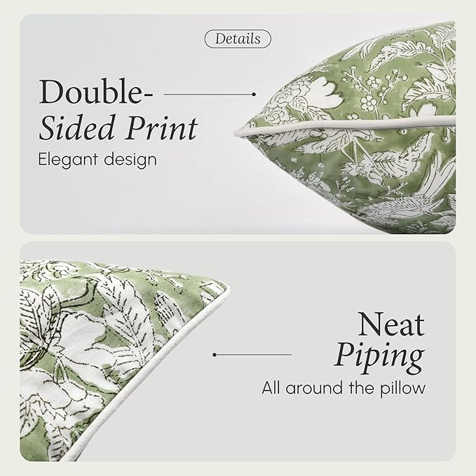 CPC 100% Cotton Throw Pillow Covers 20x20 Inch, Set of 2 Green Block Print Pattern Couch Pillow, Cute Boho Decorative Pillows for Living Room, Bedroom with Hidden Zipper- Olive Green