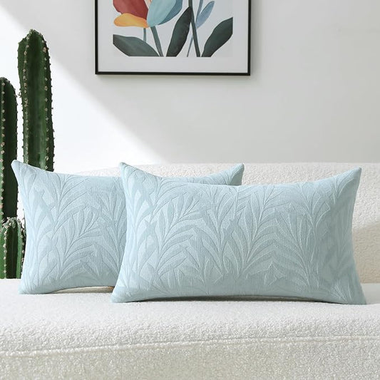 FUTEI Baby Blue Decorative Throw Pillow Covers 12x20 Inch Set of 2,Soft Chenille Phoenix Tail Leaf Textured Pillow Case,Modern Home Decor for Couch Bed Living Room