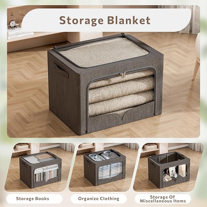 3 Pack Clothes Storage Bins - Foldable Metal Frame Storage Box - Stackable Linen Fabric Container Organizer Set with Carrying Handles and Clear Window (Dark Gray, 19.7x15.7x13inch(66L))