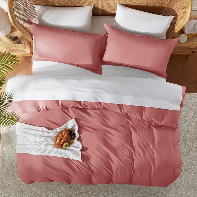 Nestl Queen Duvet Cover Set with Comforter Insert - Pink Clay 4 Piece 90x90 Duvet Cover & 2 Pillow Shams with White Quilted Down Alternative Comforter, Ultra Soft, All Season