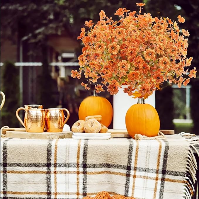 Agusbagli 24Pcs Artificial Fall Flowers Outdoor Autumn Fake Flowers UV Resistant Faux Plastic Greenery Shrub Plant for Wedding Home Garden Window Box Fireplace Thanksgiving Christmas Decor Orange