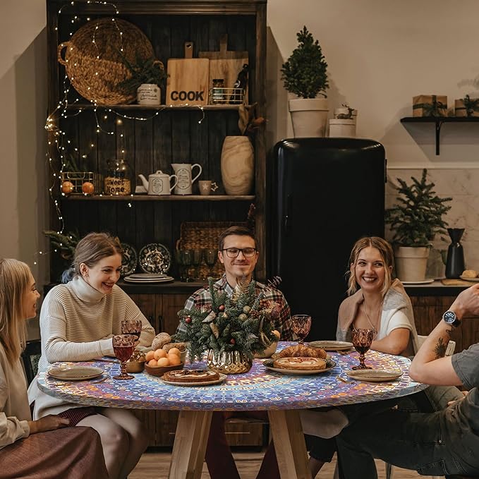 Fitted Round Tablecloth Small Bohemian Vinyl Patio Table Cloths for 45-54" Tables Travel Vacation Camper Accessories Living Room New HomeHouse Decorations Outdoor Road Trip Must Haves