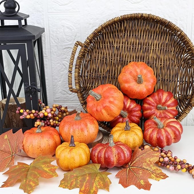 Realistic Mini Pumpkin Decor Indoor 16PCS Artificial Pumpkins for Fall Decorations for Home Fall Centerpieces for Tables Outdoor Thanksgiving Halloween Party/Berries Maple Leaf Autumn Fillers decor