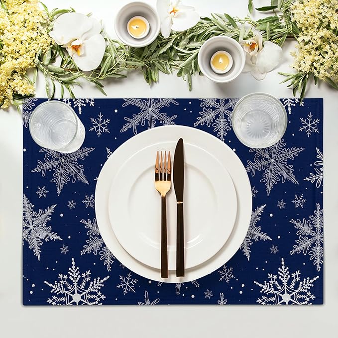 Winter Blue Snowflake Placemats 12×18 Inches Set of 4 Holiday Indoor Kitchen Dining Table Place Mats for Home Party Decoration
