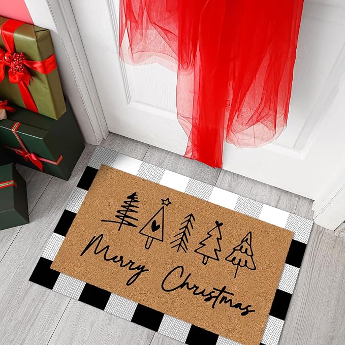 2 Pcs Merry Christmas Door Mat Xmas Tree Welcome Non Slip Coir Mats Heart Xmas Black White Buffalo Plaid Floor Layering Doormats Seasonal for Front Porch Entryway Decor(Christmas)