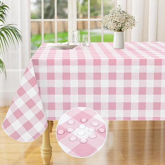 misaya Rectangle Waterproof Vinyl Table Cloth, Buffalo Flannel Backed Tablecloth, Wipeable Plastic Table Cover for Dinner, Kitchen, Outdoor (60" x 120", Pink and White)