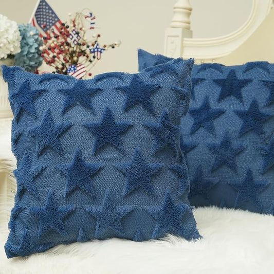 GEEORY 4TH of July Stars Soft Plush Pillow Covers, 20 x 20 Inch Set of 2, Fluffy Faux Fur Wool Decorative Farmhouse Cushion Case for Sofa Home Decoration Blue GC017-20