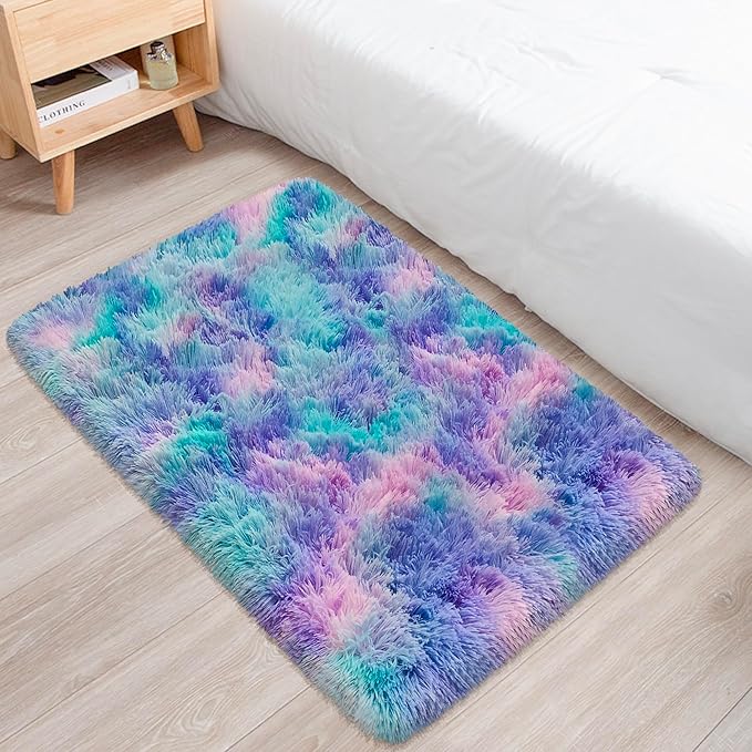 Small Area Rug for Bedroom 2x3ft Mini Tie-Dye Purple Rainbow Fluffy Rug Mat Bedside Throw Rug for Kids Room Boys Teens Nursery Baby Dorm Living Room Home Decor