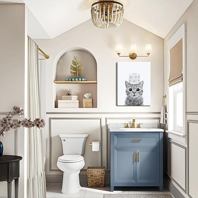 Funny Bathroom Wall Art, Cute Black and White Cat Canvas Wall Decor, Humor Toilet Paper Prints Bathroom Decor, Adorable Animal Picture Paintings Poster Toilet Signs 12x16 inch Framed