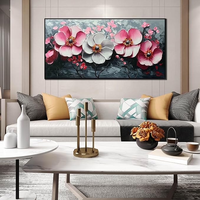 Pink and White Flower Wall Paintings for Bedroom - Bedroom Wall Decor for Teen Girls - Large Modern Hand Painted Framed Wall Art Size 29" x 59"