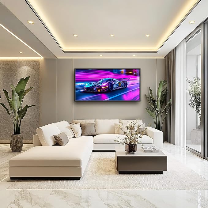 Flintis Large Racing Car Framed Wall Art Neon Race Supercar Pictures Wall Decor Abstract Colorful Car Canvas Painting Print Artworks Decor Framed for Living Room Bathroom Master Bedroom 60L X 30W