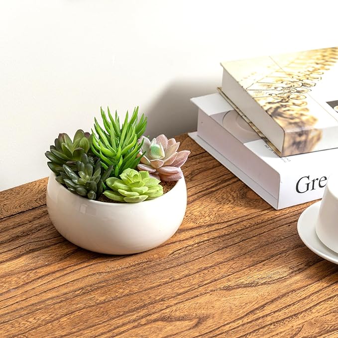 MyGift 6 Inch Round Modern Artificial Succulent Arrangement Potted in White Ceramic Plant Bowl, Assorted Faux Mini Succulents in a Decorative Planter Pot