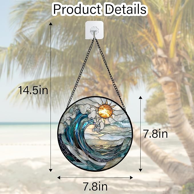 Stained Glass Window Hanging, Blue and White Waves Suncatcher Diamond Glass Panel Landscape Sun Catchers Decor for Birthday for Women, Men, Wife, Aunt, and Mom 7.8 in
