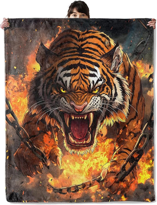 Fierce Tiger in Flames Blanket, Cozy Flannel Roaring Tigers Throw Blanket, Soft Fuzzy Blankets for Travel Home Decor, All Season Lightweight Couch Bed Cover, Gifts for Women Adults Kids 50"×60"