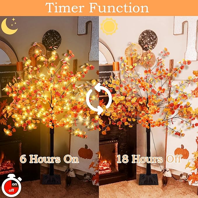 Agusbagli 4FT 140LED Lighted Fall Eucalyptus Tree Thanksgiving Fall Decorations with Timer & 8 Modes Artificial Fall Trees with Lights & 336 Leaves Fall Light Up Tree Harvest Indoor Outdoor Fall Decor