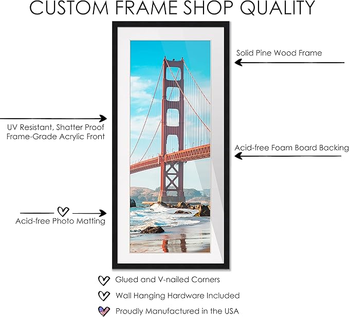 13x39 Frame Black Wood with White Mat | 16x42 Frame Matted to 13x39 | Display Your Picture Under UV Acrylic Shatter Guard Front, with Foam Board Backing and Wall Hanging Hardware - Gallery Wood Frame