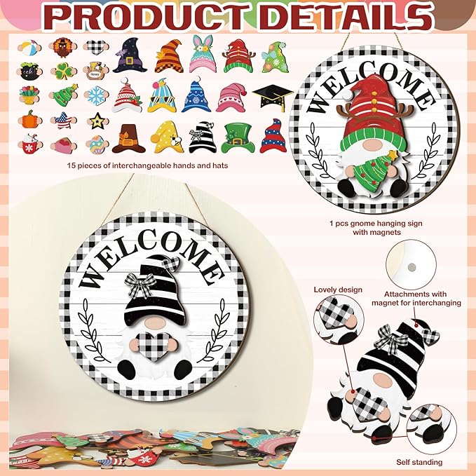 Qunclay Interchangeable Wooden Gnome Decor Holiday Seasonal Gnome Decorations with Magnet Pieces and Detachable Hats Changeable Welcome Sign for Home(Black and White Checkered Style)