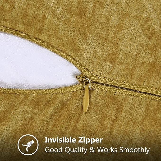 decorUhome Chenille Soft Throw Pillow Covers 24x24 Set of 2, Farmhouse Velvet Neutral Decorative Euro Pillow Covers with Stitched Edge for Couch Sofa Bed Home Decor, Mineral Yellow